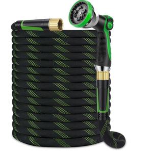 100 ft, Non-Expandable Ultra-Lightweight Flexible Hose with 360° Dual-End Anti-Kink Design, 10-Pattern Spray Nozzle, 500 PSI Leak-Proof, 96-Strand Braided Fabric, Storage Strap