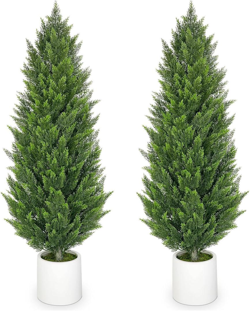 Briful 5ft Artificial Cedar Topiary Trees for Outdoor Decor, Set of 2 Realistic Faux Cypress Potted Plants, Fake Outdoor Front Porch Trees, UV Protection Patio Trees in White Pot for Outside