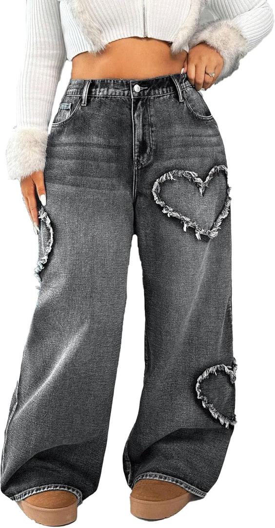 High Waisted Wide Leg Jeans, Heart Pattern Distressed Denim (3X, Gray)