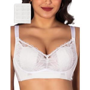 Wireless Minimizer Bras for Women Plus Size Lace Bralettes | No Underwire, Lightly Padded, Petal Pad, V Neck, Comfort Everyday Wear, Wirefree Supportive Bras for Large Bust, Size 36C-46G (White)