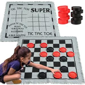 3-in-1 Vintage Giant Checkers, Tic, Tac, Toe, with Reversible Mat, 24 Chips, Family Board Game, Lawn Game, BBQ Party Favor, Indoor and Outdoor Activity for Kids and Adults