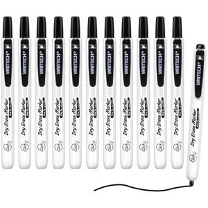 WRITECH Retractable Dry Erase Markers: Fine Point Clickable Black Colored Ink Marker Low Odor Erasable Thin Tip Refillable Whiteboard Marker Pen Set 12ct No Bleed Smear