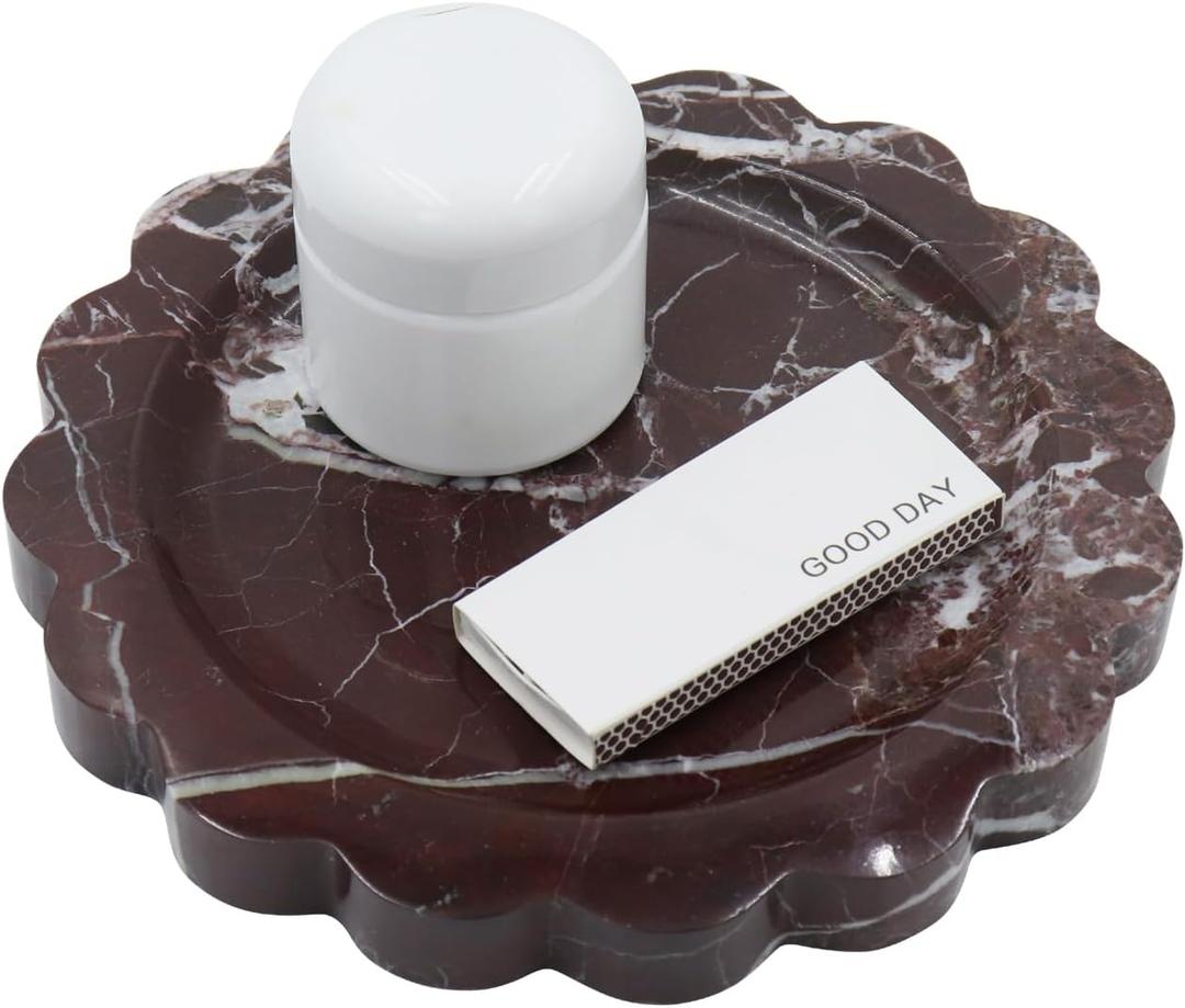 Round Marble Decorative Tray with Scalloped Edge, Luxury Natural Stone Bathroom Vanity Tray, Dresser Top Perfume Coffee Home Kitchen Sink Tray, Key Trinket Ring, 8"L x 8"W x 0.7"H