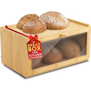 Culinary Couture Bamboo Bread Box for Kitchen Countertop - Large Capacity Storage BreadBox for Homemade Bread with Acrylic Window and Extra Top Storage