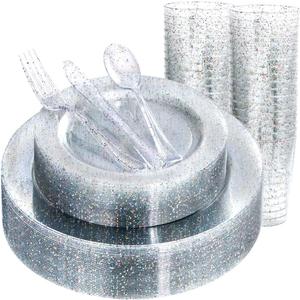 Rubtlamp 180PCS Glitter Plastic Plates with Glitter Disposable Silverware, Clear Glitter Plates for 30 Guests Include 30Dinner Platos, 30Dessert Platos, 90Cutlerys, 30Cups for Party