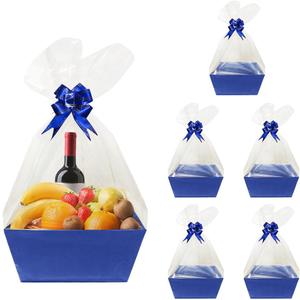 Worown 6 Pack Blue Cardboard Basket for Gifts Empty, Kraft Basket Kit with bags and Pull Bows for Packing Gift on Easter, Christmas, Birthday, Wedding