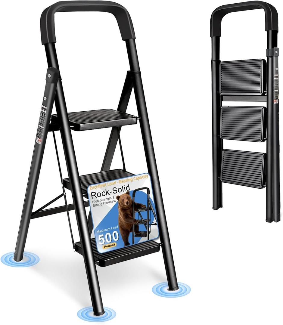 3 Step Ladder Folding Step Stool with Handrail | 500LBS Capacity Sturdy Carbon Steel Frame Anti-Slip Pedal & Feet Portable for Home Kitchen Garage Bathroom (black-3step)