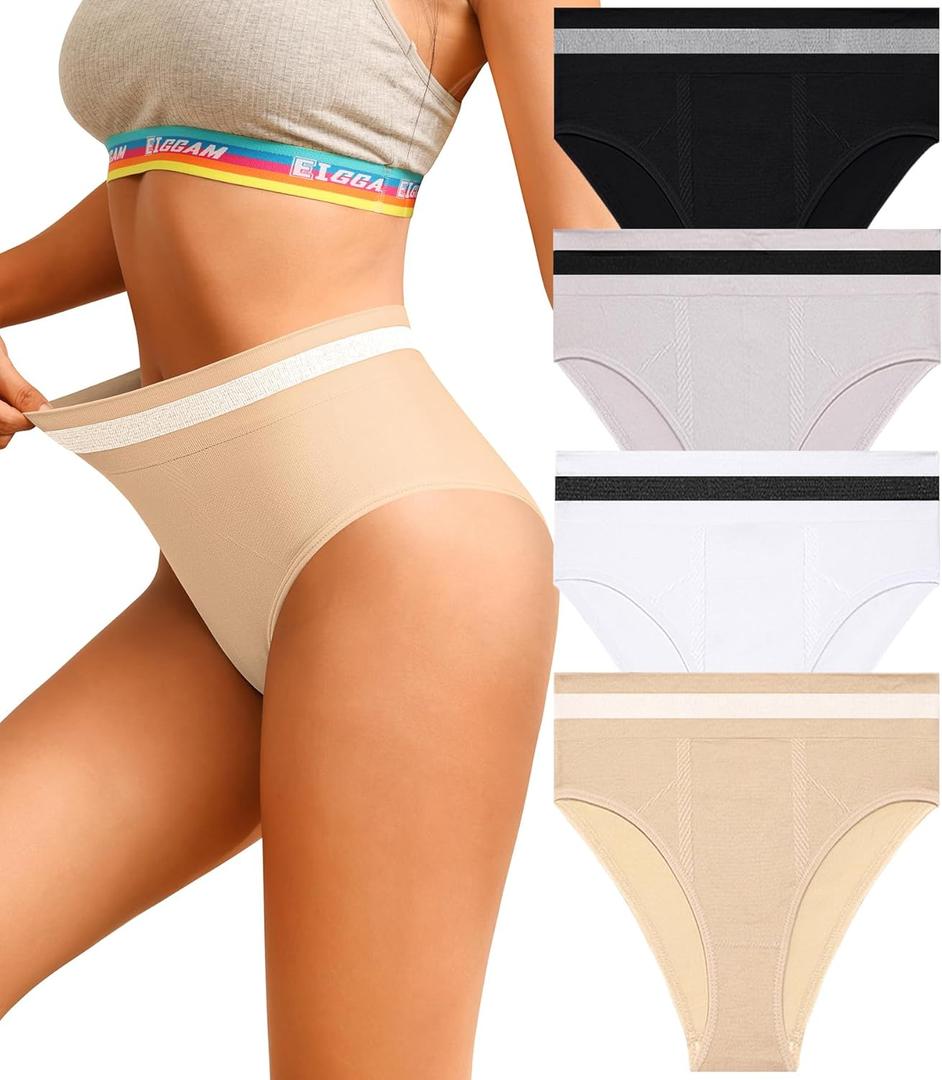 Eiggam Breathable Wicking Underwear High Waist Bikini Underwear Slight Tummy Control Panty Elastic No Show Cheeky Panty Pack (Large, Multicoloured H - 4 Pack)