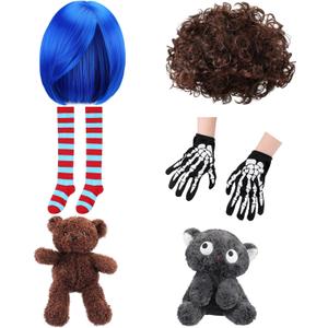 Mepase 6 Pcs Halloween Movie Women Men Cosplay Accessories Bundle Blue & Brown Wigs, Stripe Socks, Skeleton Gloves, Bear & Cat Dolls for Friends Couple Partner Stop-motion Cosplay Halloween Party