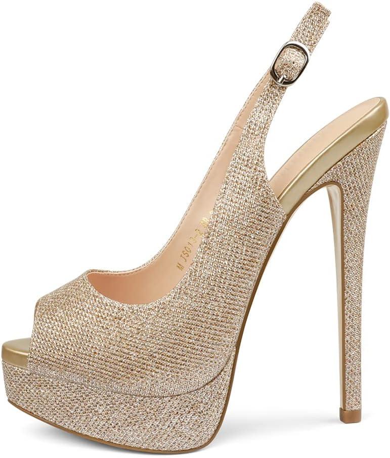 MERUMOTE Women's Platform Stiletto Heels Shoes Peep Toe Pumps 6 inch Heels for Dress Wedding Party (10.5, Slingback Gold Glitter)