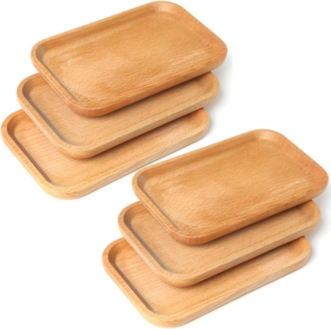 Linwnil 6 Pack 8 x 5 Inches Serving Platter Tray, Tray Cheese Plate Rectangular Platter for Fruit, Appetizer, Bread,Rectangular Avoid Sliding and Spilling Food (Wood Trays x 6Pack)