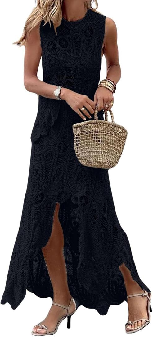 CHARTOU Women Two Pieces Skirt Sets Summer Cut Out Hi-Low Crochet Knit Long Dresses (Black, XS)