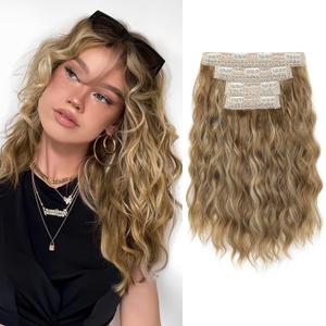 REECHO Clip-in Hair Extensions, 4PCS 14" Short Wavy Hairpieces - Invisible Lace Weft, Natural Soft Hair - Light Brown with Blonde Highlights