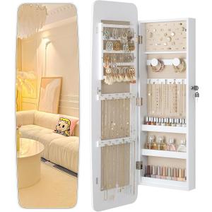 Nicetree Mirror Jewelry Cabinet Wall Mounted, Lockable Hanging Jewelry Armoire Organizer, Rounded Jewelry Armoire with Full Length Mirror, Wide Mirror with Storage, Moon White