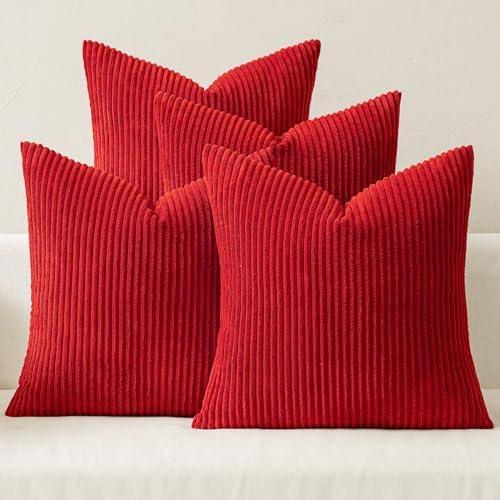 MIULEE Pack of 4 Christmas Red Corduroy Decorative Throw Pillow Covers 18x18 Inch Soft Boho Striped Pillow Covers Modern Farmhouse Home Decor for Winter Sofa Living Room Couch Bed