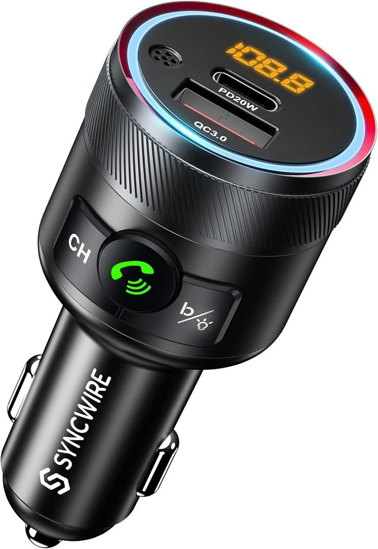 Syncwire Bluetooth 5.4 FM Transmitter for Car, 38W PD&QC3.0 Dual USB Charging Bluetooth Car Adapter Microphone & Bass Sound MP3 Music Player FM Kit with Hands-Free Calling (Black)