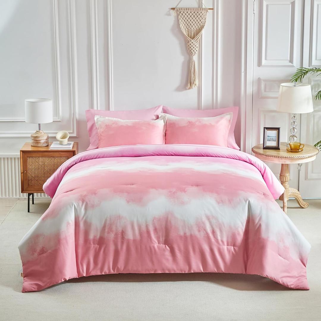 Blush Pink and White Gradient Comforter Set Queen Size 7 Pieces Elegant Ombre Bed in a Bag - Reversible All Season Bedding Set with Comforter, Flat Sheet, Fitted Sheet, 2 Pillowcases & 2 Pillow Shams