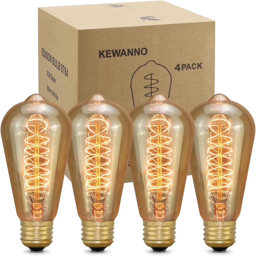 KEWANNO 4 Pack ST64 Edison Light Bulbs, Incandescent Light Bulb 40W, Dimmable Decorative Lightbulbs E26 E27 Bulb, Vintage Lights Bulbs for Outdoor Light Socket LightFixture