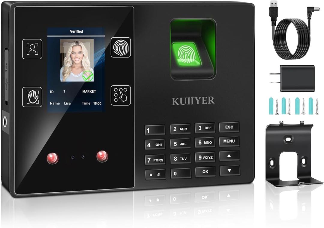 KUIIYER 4 in 1 Time Clocks for Employees Small Business (Face + Fingerprint + Palm Print + PIN) Employee Clock in & Out Machine Attendance Punch Clock Recorder Tracker for Small Businesses & Offices
