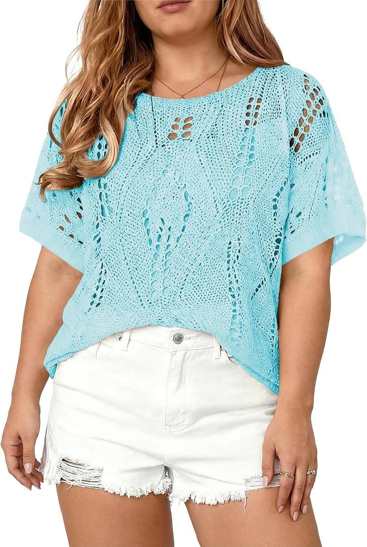 Eytino Women's Plus Size Crochet Hollow Out Half Sleeve Summer Sweater