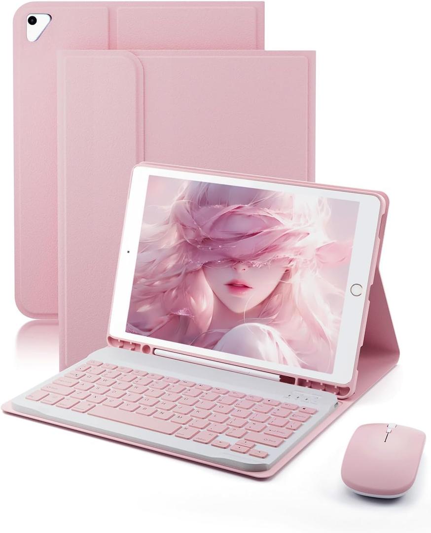TUNKARMOR Keyboard Case for iPad 9.7 inch 6th/5th Generation, 2018/2017 Model, iPad Air 2 (2014) - Mouse and Detachable Keyboard for iPad Pro 9.7, Slim Case with Pen Holder - Pink