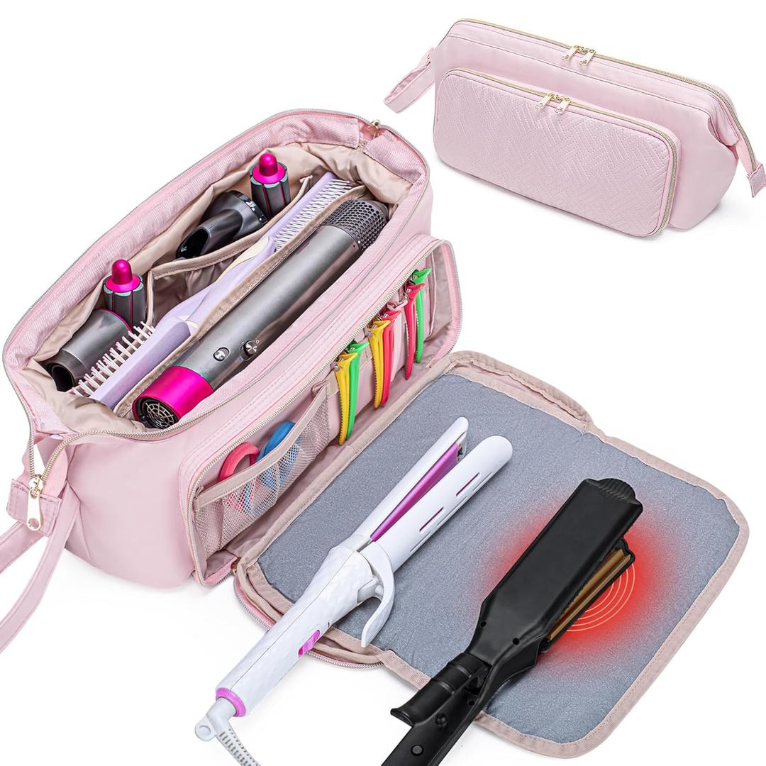 Fasrom Hair Tools Travel Bag with Heat Resistant Mat for Flat Iron, Curling Iron and Hair Straightener, 2 in 1 Hair Dryer Travel Case to Organize Hair Styling Tools, Pink (Patent Design)