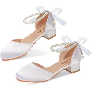 MEJORMEN Girls Heels Flower Dress Shoes Sandals Bow Pearl Ankle Strap Mary Jane Pumps Wedding Party Princess Shoes for Big Girl, 13 Little Kid