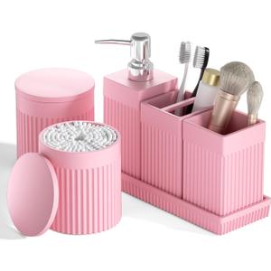 6-Piece Pink Bathroom Set - Sleek Resin Bathroom Accessories Set with Soap Dispenser, Toothbrush Holder, Vanity Tray, Tumbler & Apothecary Jars for Small Spaces