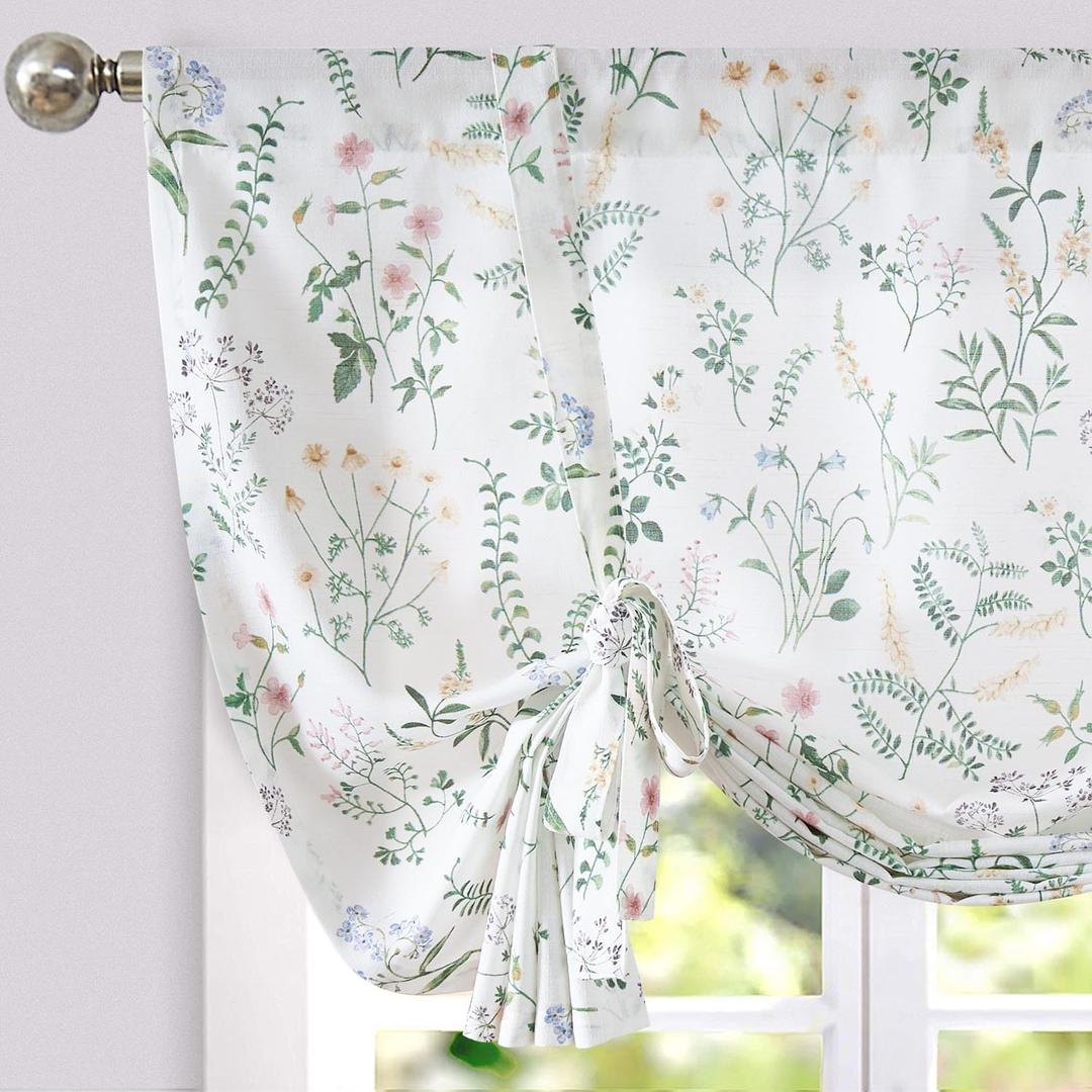 jinchan Floral Tie Up Valance Adjustable Linen Valance for Windows Farmhouse 45 Inch Botanical Colorful Flower Kitchen Window Treatment for Living Room RV Light Filtering 1 Panel Sage Green