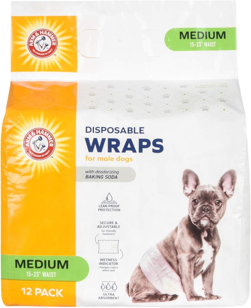 Arm & Hammer Medium Male Dog Wraps, Disposable Belly Band Diapers with Baking Soda Odor Control, Super Absorbent Leak Resistant Design for Marking and Incontinence, 15-23 Inch Waist, 12 Count