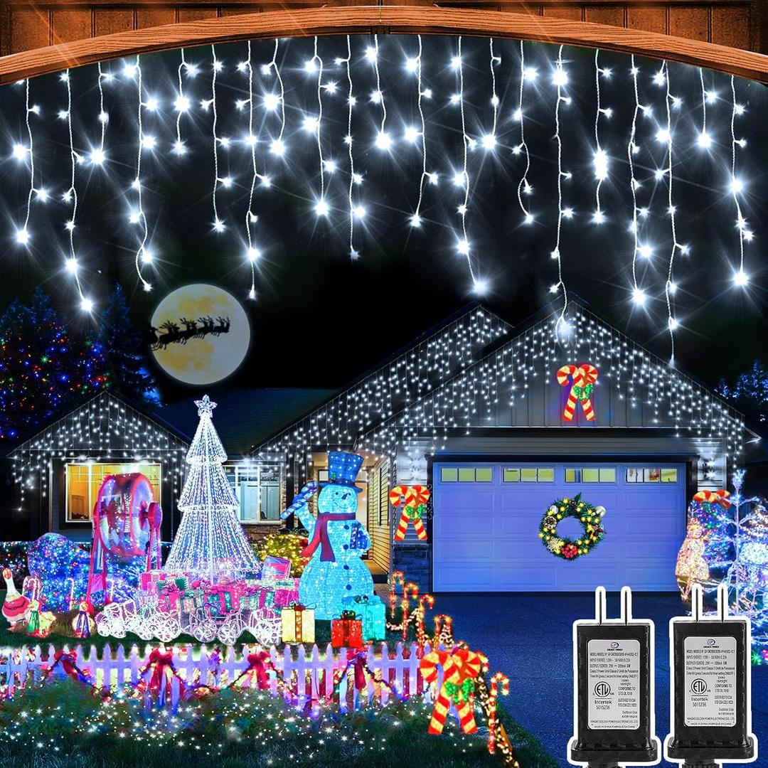 Christmas Lights Outdoor, 2 Pack Total 98FT 960 LED Ice Lights for Outside with 180 Drops Clear Wire 8 Modes Timer, Plug in Waterproof for Holiday Eaves Yard Roof Party Christmas Decor (Cool White)