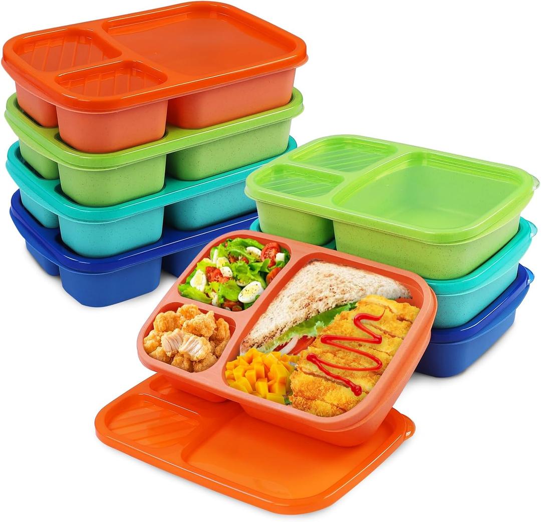 8 Pack Bento Lunch Box Set 3 Compartment Wheat Straw Meal Prep Food Storage Containers Plastic, Microwave and Dishwasher Safe Jewel Brights