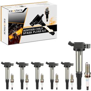 Pack 6 UF487 Ignition Coil & Spark Plug - Compatible with Lexus Lotus Toyota - ES350 RX350 RX450H Evora Avalon Camry Highlander Rav4 Sienna Venza - 3.5L V6 - Replaces # 90919-02255 C1601 (Set of 6)