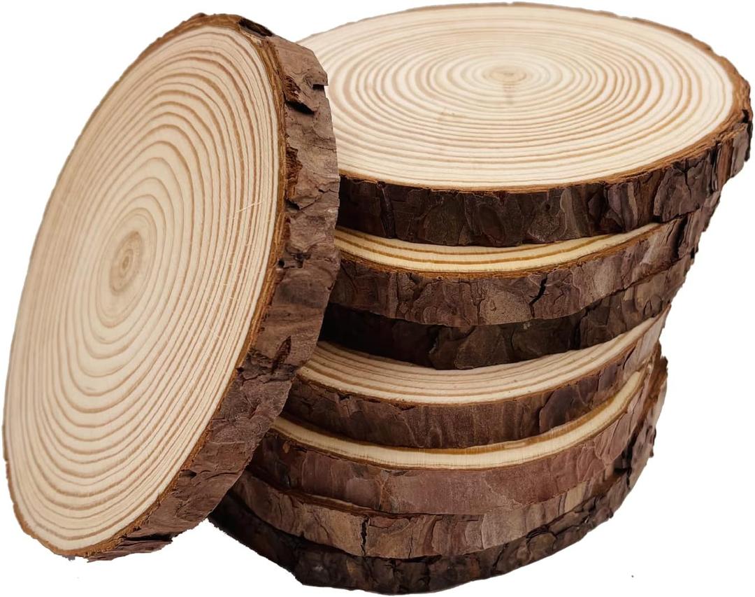 Unfinished Natural with Tree Bark Wood Slices 8 Pcs 5.5-6 inch Disc Coasters Wood Coaster Pieces Craft Wood kit Circles Crafts Christmas Ornaments DIY Crafts with Bark for Crafts Rustic Wedding