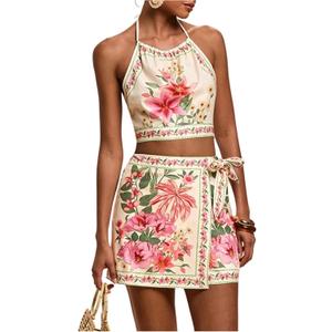 SweatyRocks Women's Tie Backless Tropical Print Halter Top and Shorts 2 Piece Vacation Outfits S