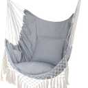 Hammock Chair, Hanging Rope Swing Seat with 2 Cushions,Macrame Hanging Chair Side Pocket with High Load-Bearing Metal Rod,for Indoor, Outdoor, Extra Comfortable (Grey)