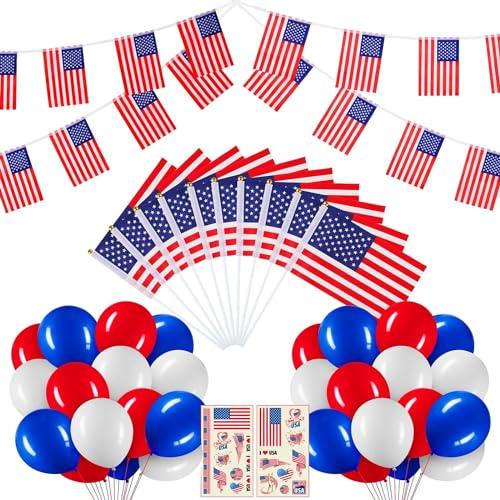4th of July Decorations 33ft American String Flags Banner+ 10Pcs Handheld USA Stick Flag+ 30Pcs Red White Blue Balloons+2 Sheet Stickers Party Decor for 4th of July America Patriotic Day Memorial Day