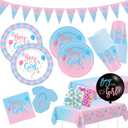 Gender Reveal Decorations, Baby Shower Party Supplies 124 Pieces Paper Plates, Cups, Napkins, Tablecloths, Black Balloon, Banner, Tableware Set Disposable Dinneware