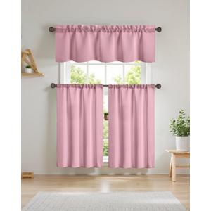 Easy Home 3 Piece Pink Blackout Window Curtain Set with Tiers and Valance Rod Pocket Thermal Privacy Curtain Tiers for Kitchen, Living Room, Bathroom Shades, W27 x L36 Inch, (Pink) (Dust Rose)