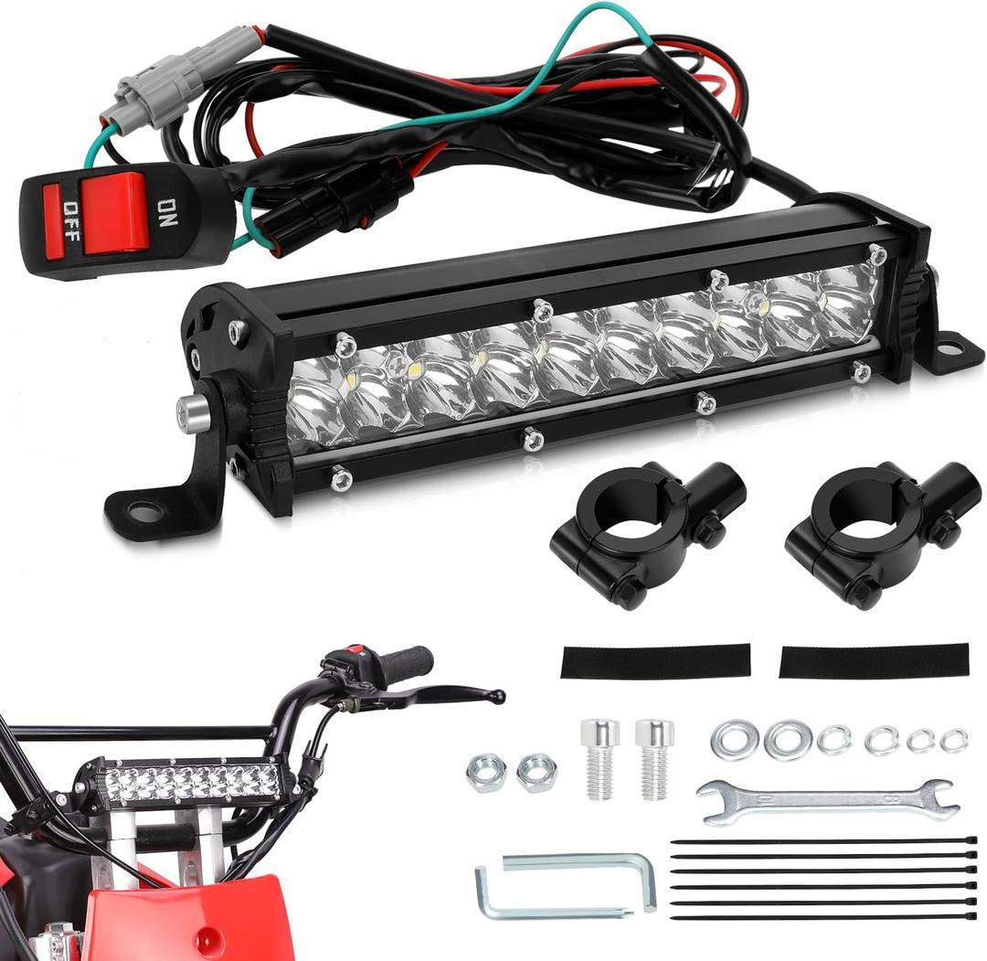 Universal Dirt Bike Light Bar Kit for 110cc 125cc Pit Bike CRF110 KLX110 TTR110 YZ125, 60W 2500LM Motorcycle LED Headlight Lightbar for 7/8" Handlebar Mini Bike ATV Dirt Rocket Go Kart Parts