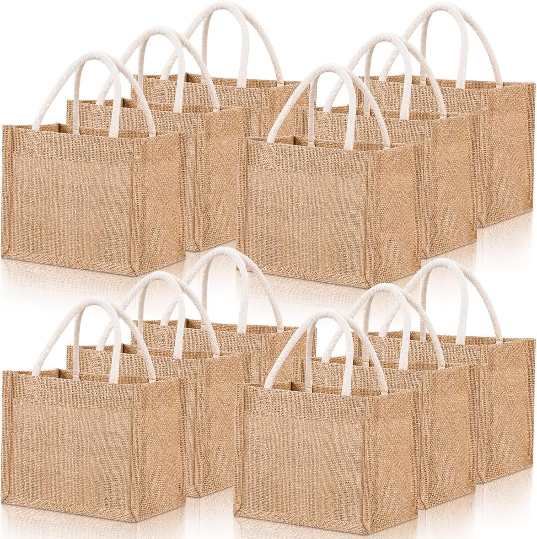 Cunno 12 Pcs Burlap Tote Bag Mini Jute Reusable Bag with Handles Small Blank Canvas Gift Waterproof for Wedding Beach DIY (8.27 x 5.91 x 9.06)
