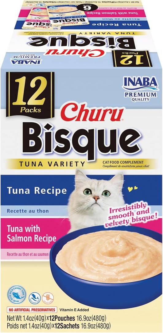 INABA Churu Bisque for Cats, Creamy Lickable Pure Side Dish with Vitamin E, 1.4 Ounces per Pouch, 12 Pouches, Tuna Variety (EXP 02/14/27)