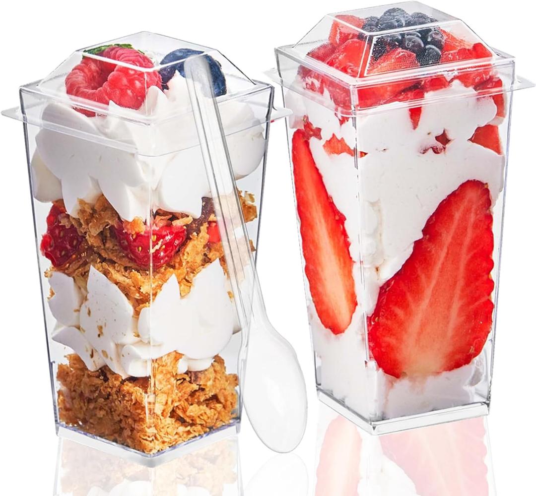 TOFLEN 50 Pack 3 oz Square Mini Dessert Cups with Lids and Spoons Clear Plastic Dessert Shooter Cups for for Party, Yogurt, Parfait, Cheesecake, Pudding, Jello and Appetizers