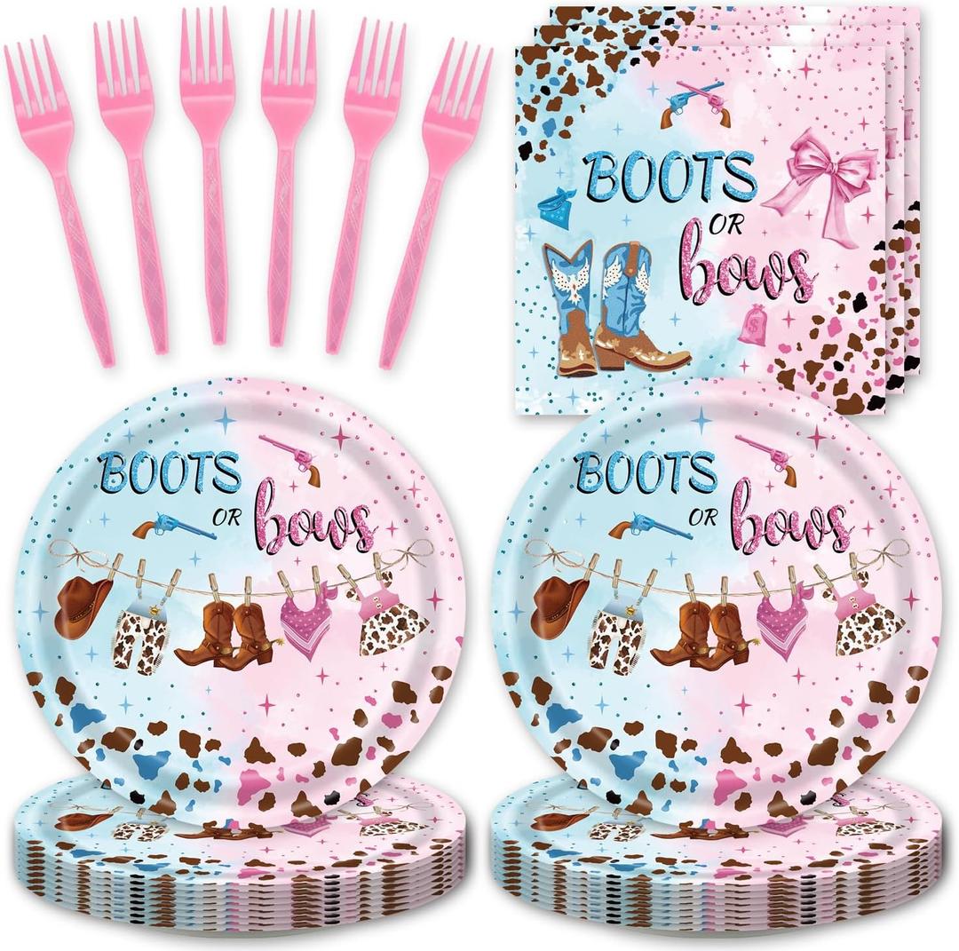 48Pcs Gender Reveal Decorations Boots or Bows Baby Gender Reveal Plates Napkins Forks Decorations Set for 16 Guests (blue and pink)