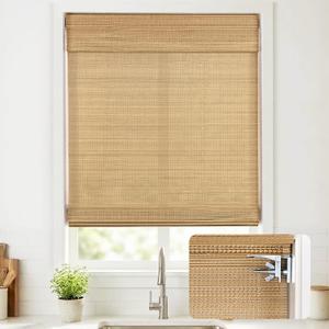 UNISHADES No Drill Cordless Bamboo Roman Shades, Light Filtering Woven Natural Bamboo Window Covering, Easy Install Roman Style Shade, for Window Size 37" W 64" H - Carbonized