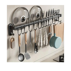 Adhesive Wall Mounted Pot Pan Rack, Kitchen Wall Mounted Detachable Pan Lid Utensils Organizer Hanging Rail with 8 Hooks for Kitchen Bathroom Bedroom, 17.7''