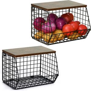 Wetheny 2pcs Fruit Basket Onion Storage Wire Basket with Wood Top- Wall Mounted & Stackable Kitchen Counter Organizer,Cabinet Organizer Bin for Potato,Produce,Bread,Snack Storage(Matte Black)