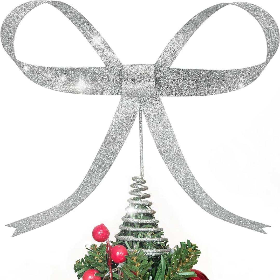 Large Metal Bow Christmas Tree Topper,9.4 Inch Glitter Silver Tree Topper, Silver Bow Christmas Tree Decorations for Xmas Home Decor Holiday Party Indoor Outdoor Shop Office