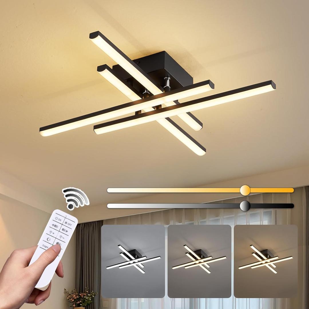 ORANOOR Modern LED Ceiling Light with Remote, Dimmable 24in Ceiling Lights for Bedroom Living Dining Room Kitchen, Black Flush Mount Ceiling Light Fixture LED Chandelier Ceiling Lamp (4-Light, 2000lm)