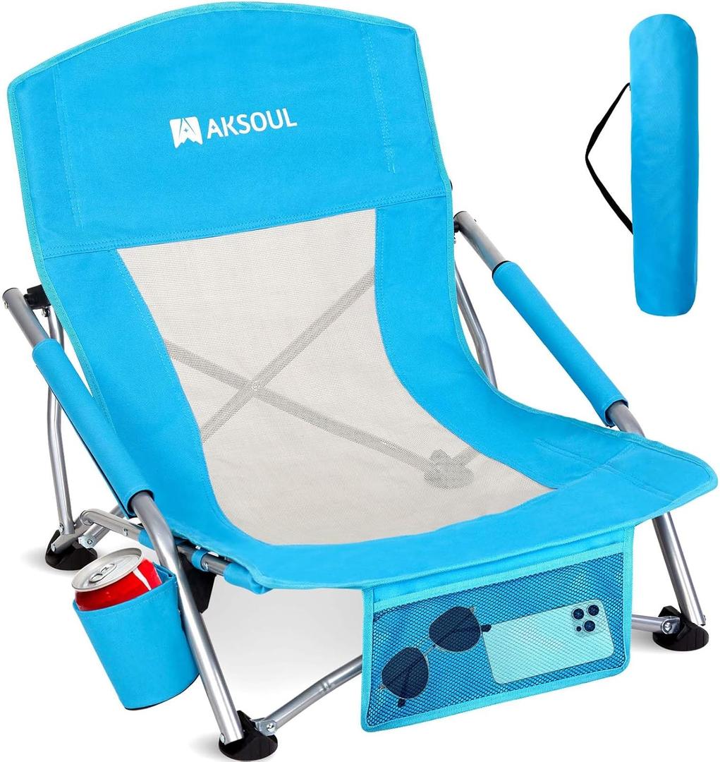 AKSOUL Folding Beach Chair for Adults: Low/High Back Chairs with Carry Bag - Extra Wide Seat Chair with Comfortable Pillow & Storage Pocket (1 Pack & 2 Pack, Blue) (Low Back Blue 1 Pcs)
